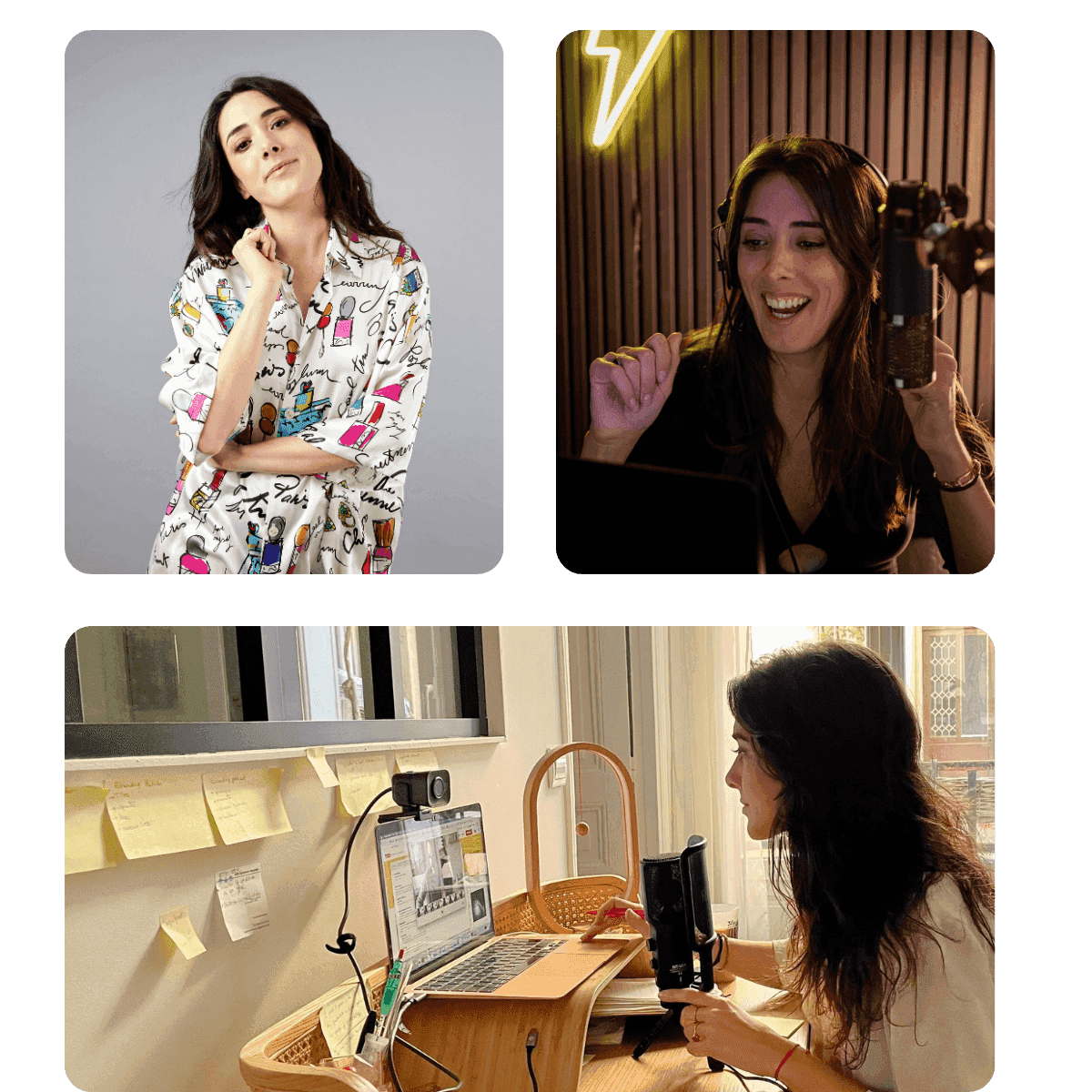 Caroline Mignaux en train d'enregistrer son podcast